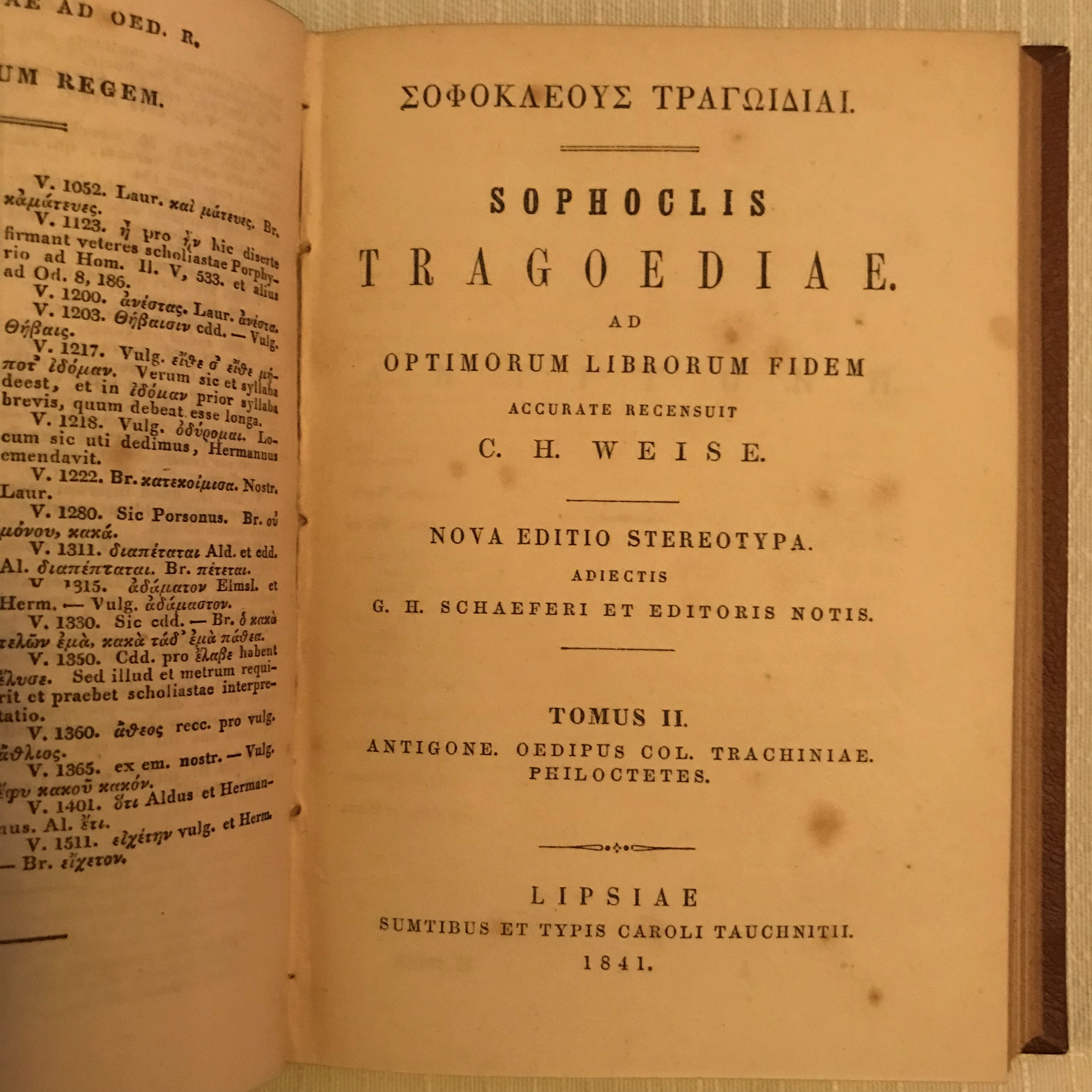 Die insgesamt sieben Tragödien von Sophokles sind Teil einer 14-bändigen Sammlung klassisch-griechischer Dichtkunst, herausgegeben zwischen 1829 und 1844, gedruckt in Leipzig