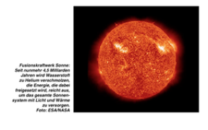 Fusionskraftwerk Sonne: Seit nunmehr 4,5 Milliarden Jahren wird Wasserstoff zu Helium verschmolzen und dabei Energie freigesetzt. Foto: ESA/NASA